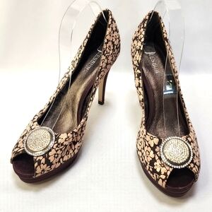 Menbur Burgundy and Cream Stiletto Heels with Peep-Toe